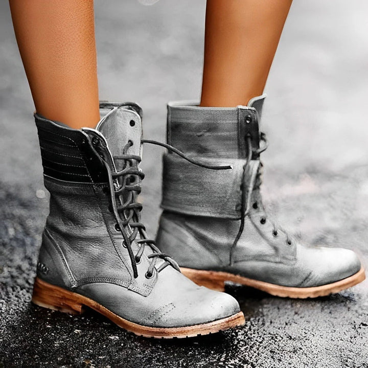 Women's lace-up combat ankle boots with round toes and low heels