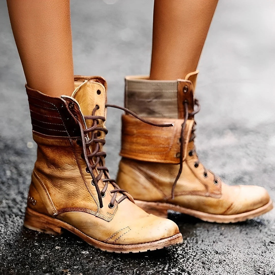 Women's lace-up combat ankle boots with round toes and low heels