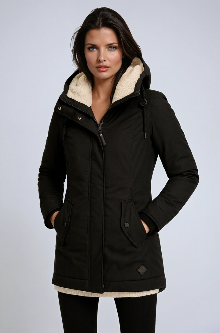 Women's hooded winter parka coat with contrasting fleece-lined hood