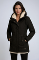 Women's hooded winter parka coat with contrasting fleece-lined hood