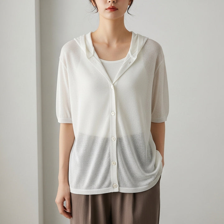 Women's hooded textured knit cardigan with short sleeves and button front