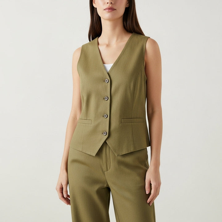 Women's sleeveless V-neck button front waistcoat with welt pockets