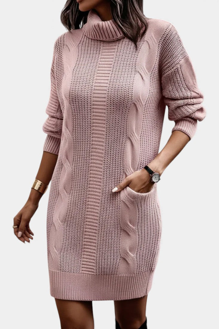 Women's textured cable knit turtleneck sweater dress with long sleeves