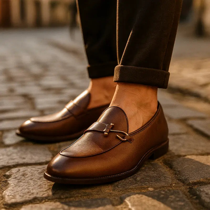Men's slip-on loafers with metal vamp trim and low heels