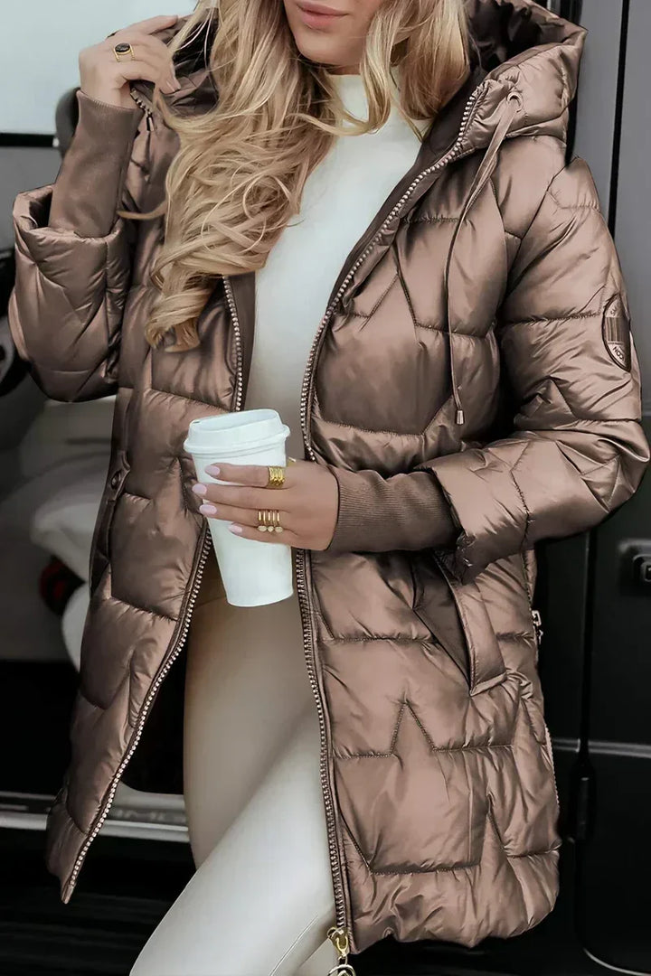 Women's long hooded quilted puffer jacket