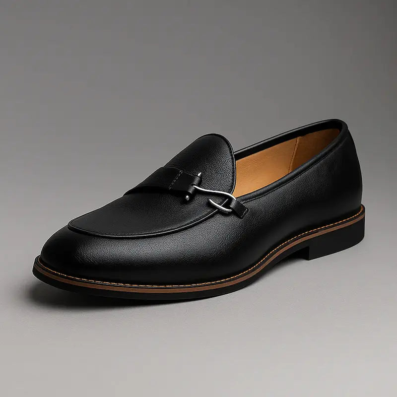 Men's slip-on loafers with metal vamp trim and low heels