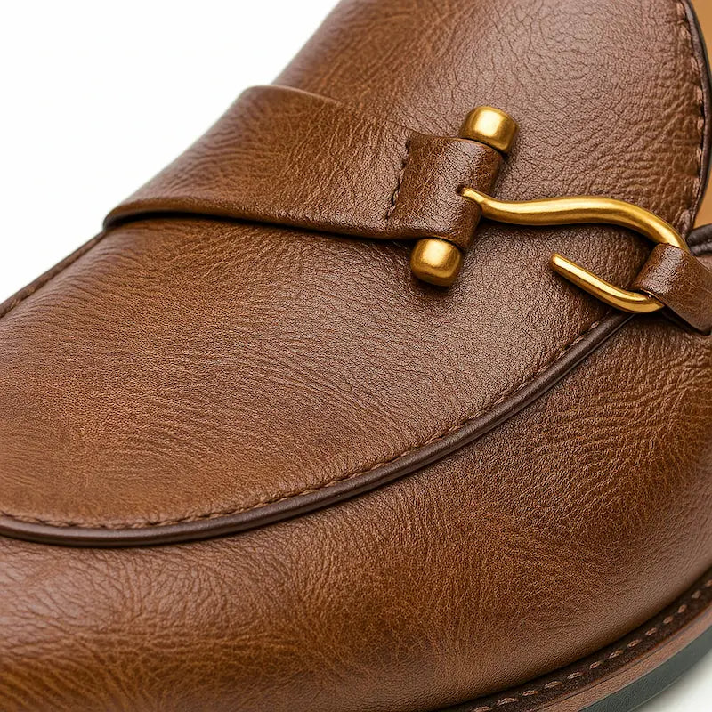 Men's slip-on loafers with metal vamp trim and low heels