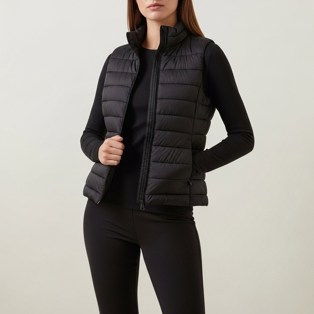 Women's quilted sleeveless puffer vest with stand collar and front zip