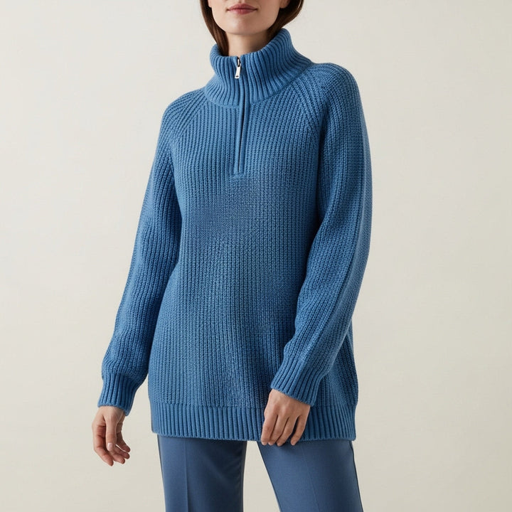 Women's ribbed knit half-zip sweater with high collar and long sleeves