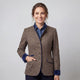 Women's textured button blazer with mandarin collar, contrast trim and patch pockets