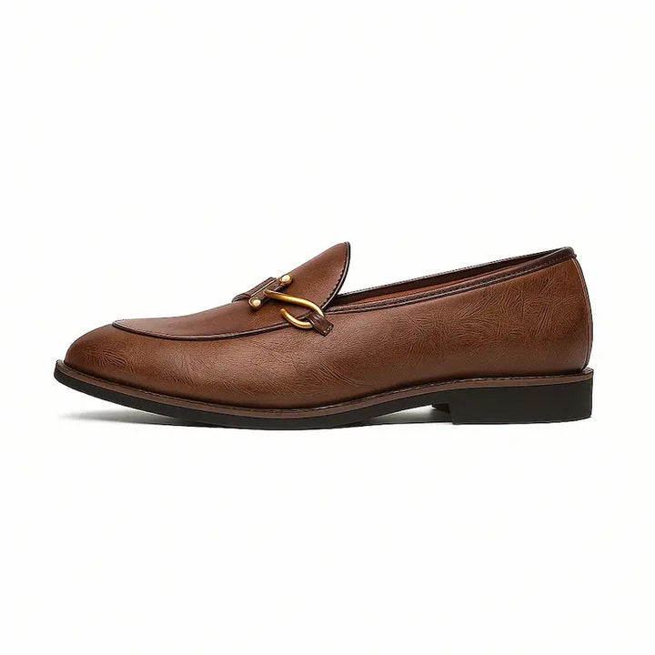 Men's slip-on loafers with metal vamp trim and low heels