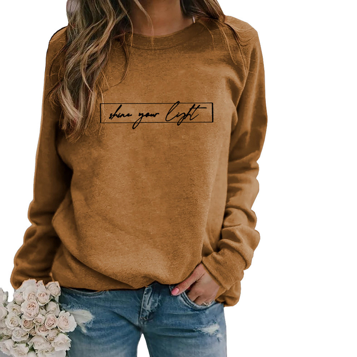 Women's crew-neck sweatshirt with framed shine your light text print