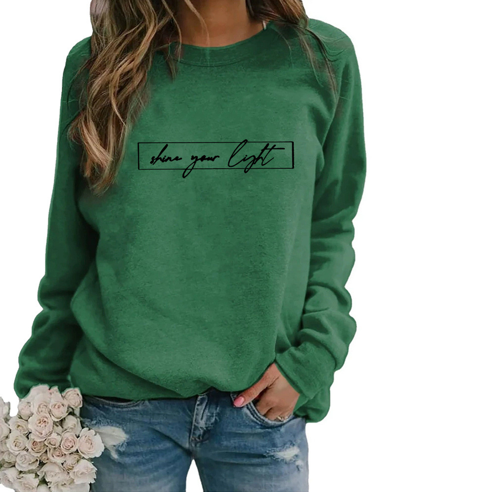 Women's crew-neck sweatshirt with framed shine your light text print