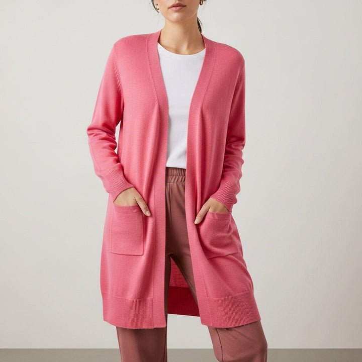 Women's long open front cardigan with long sleeves and patch pockets
