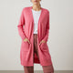 Women's long open front cardigan with long sleeves and patch pockets