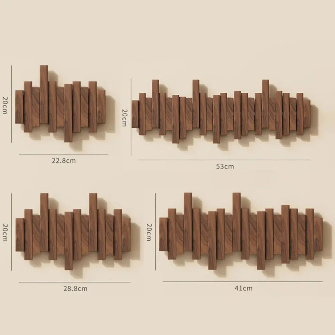 Wall-mounted wooden coat rack with staggered piano-style slats and angled hooks