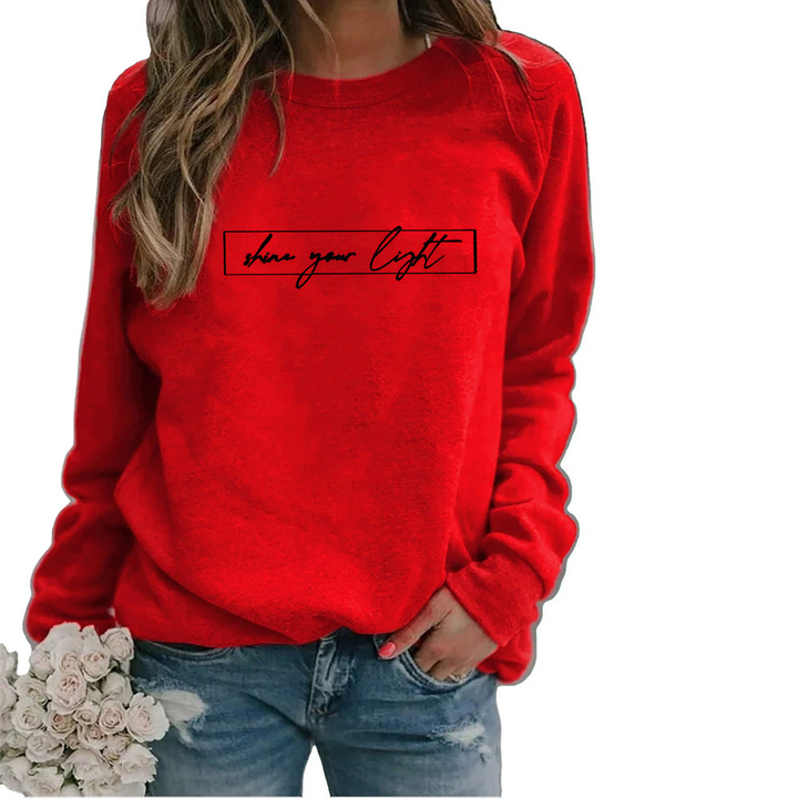 Women's crew-neck sweatshirt with framed shine your light text print