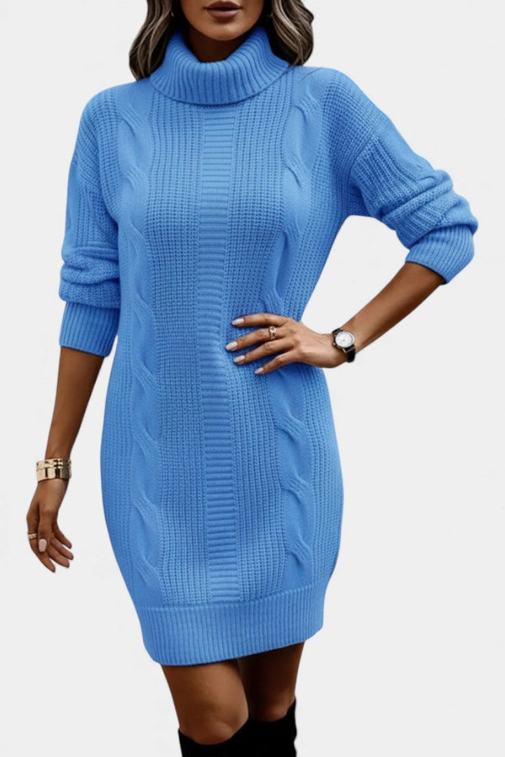 Women's textured cable knit turtleneck sweater dress with long sleeves