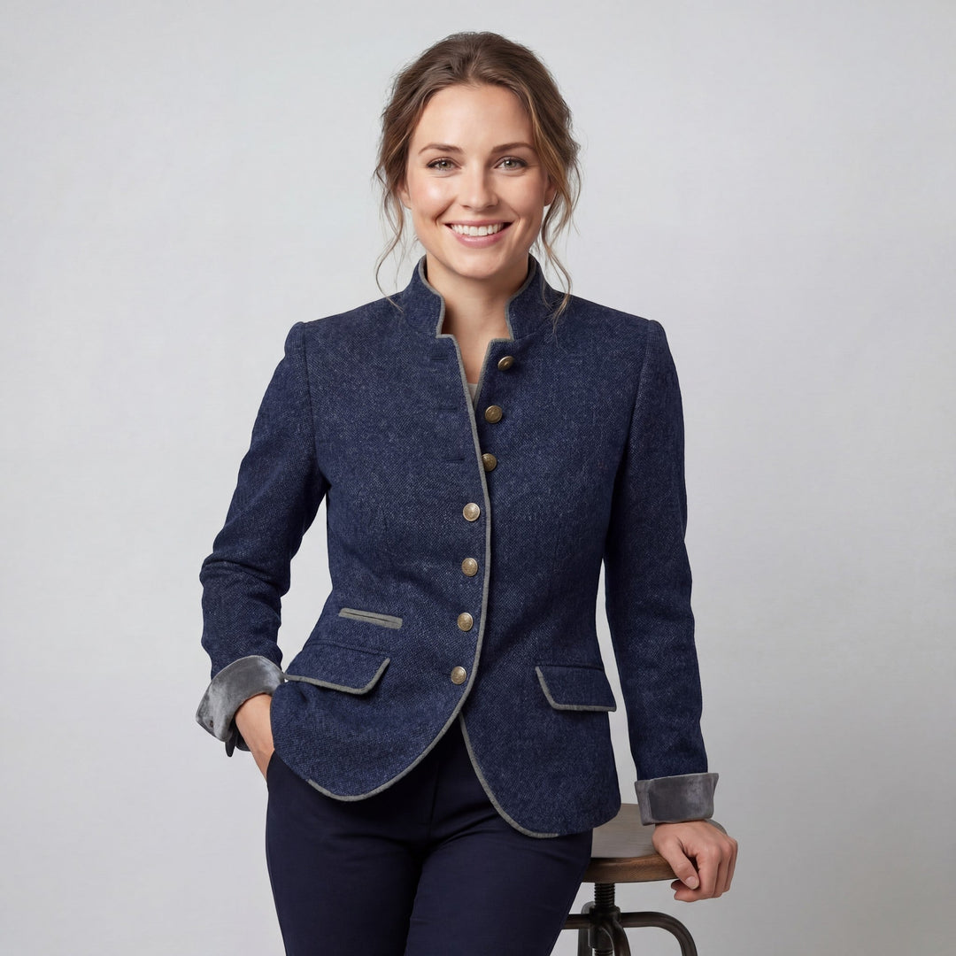Women's textured button blazer with mandarin collar, contrast trim and patch pockets