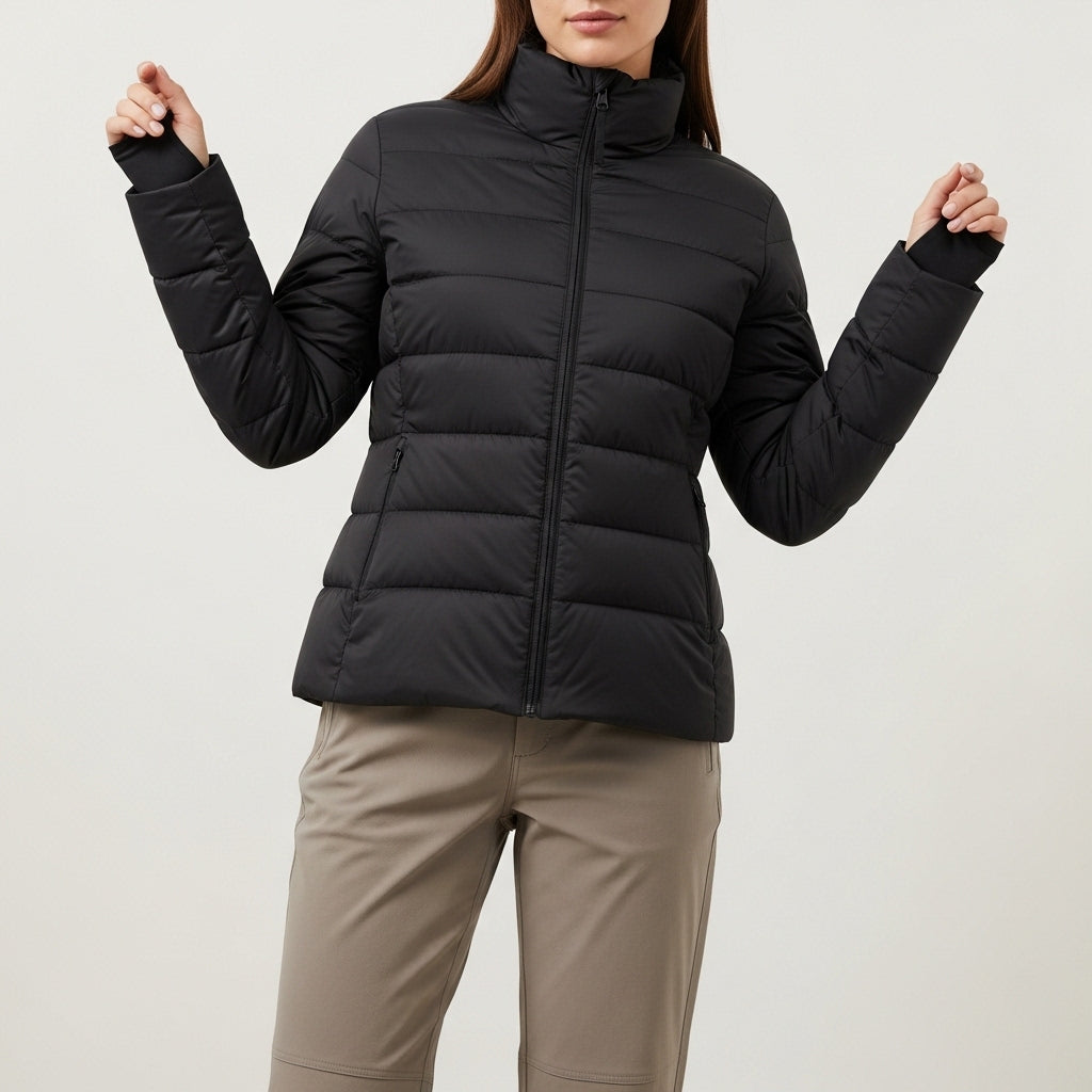 Women's quilted jacket with stand collar, long sleeves and zipped pockets