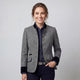 Women's textured button blazer with mandarin collar, contrast trim and patch pockets