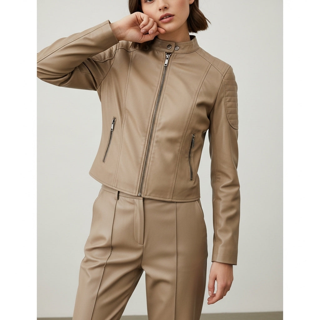 Women's fitted short jacket with mock neckline, long sleeves, front zipper and zipped pockets