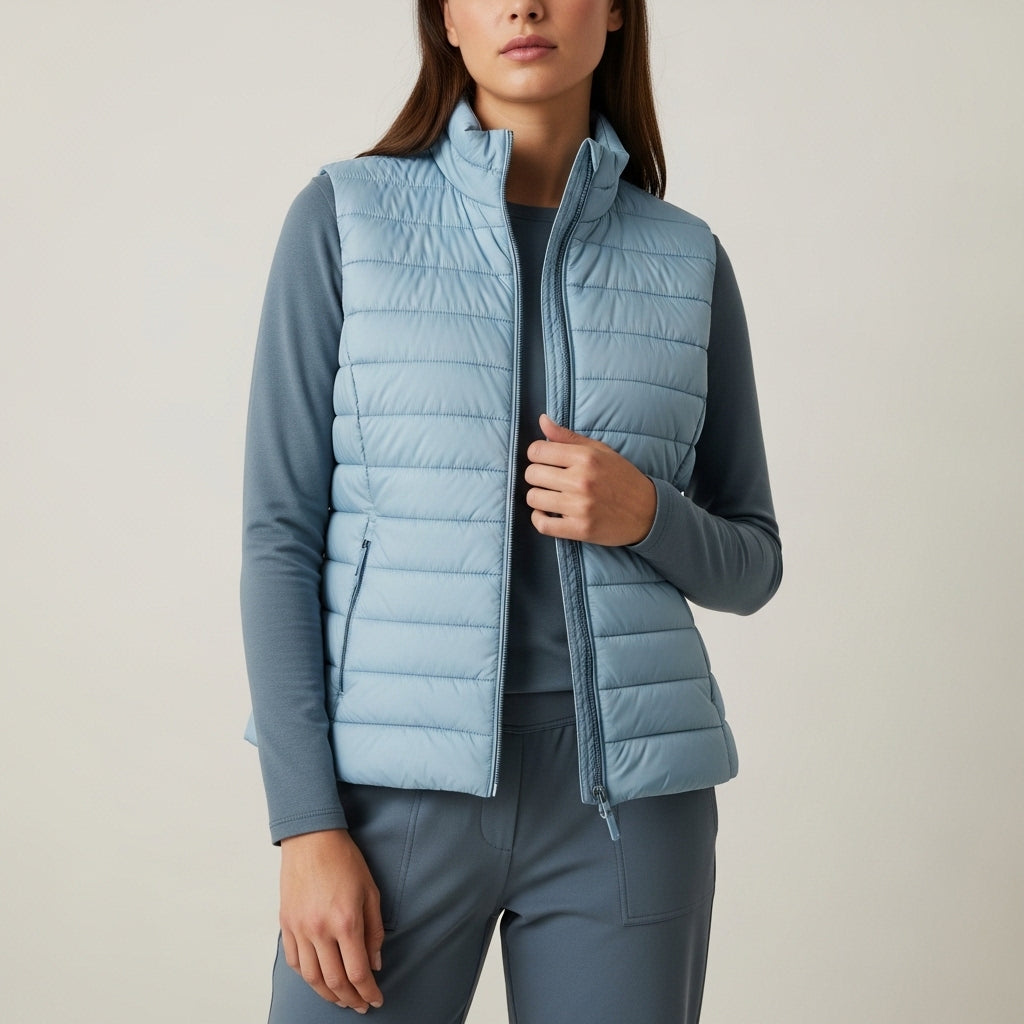 Women's quilted sleeveless puffer vest with stand collar and front zip