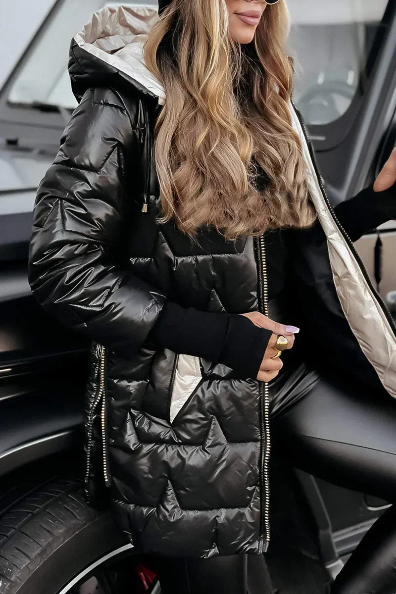 Women's long hooded quilted puffer jacket