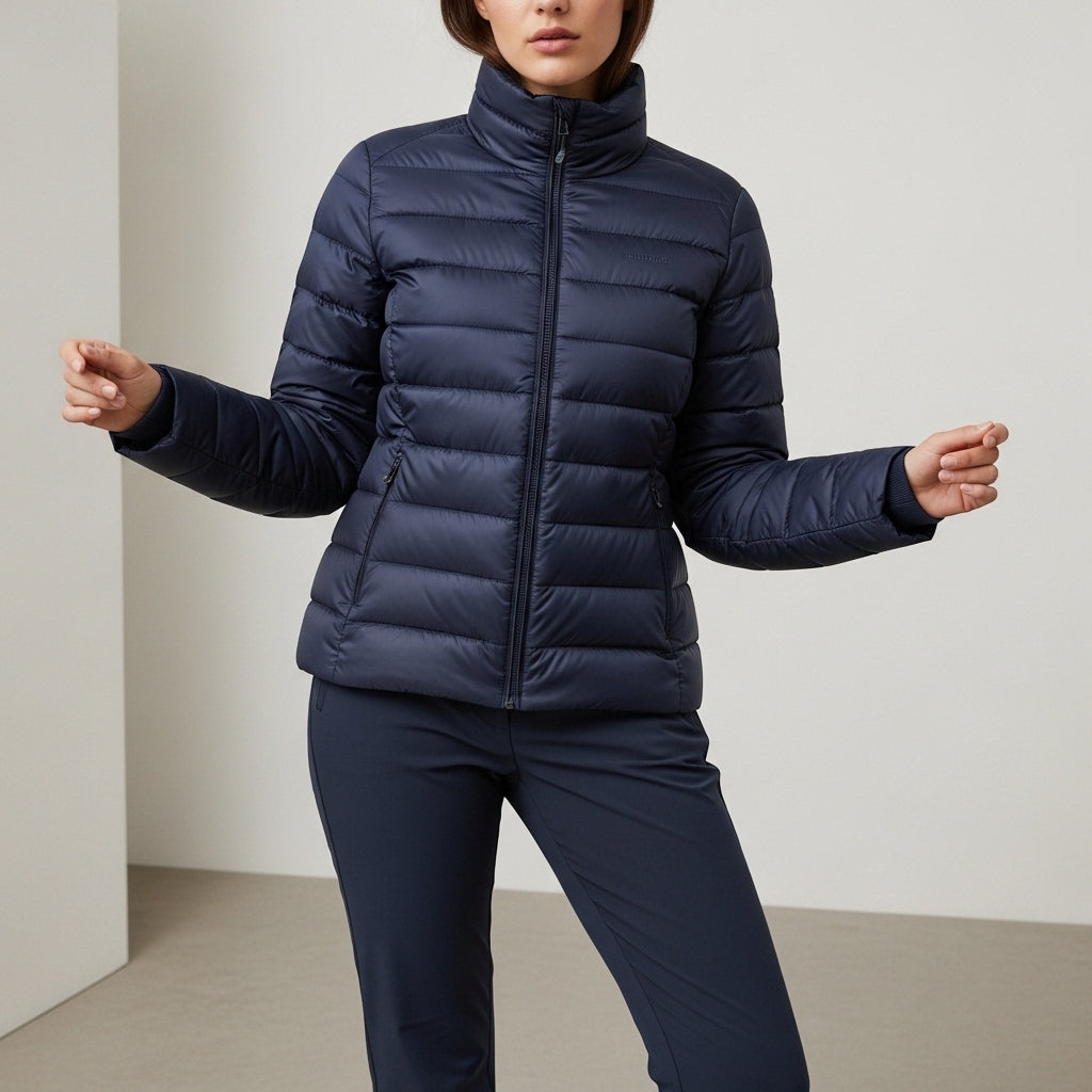 Women's quilted jacket with stand collar, long sleeves and zipped pockets