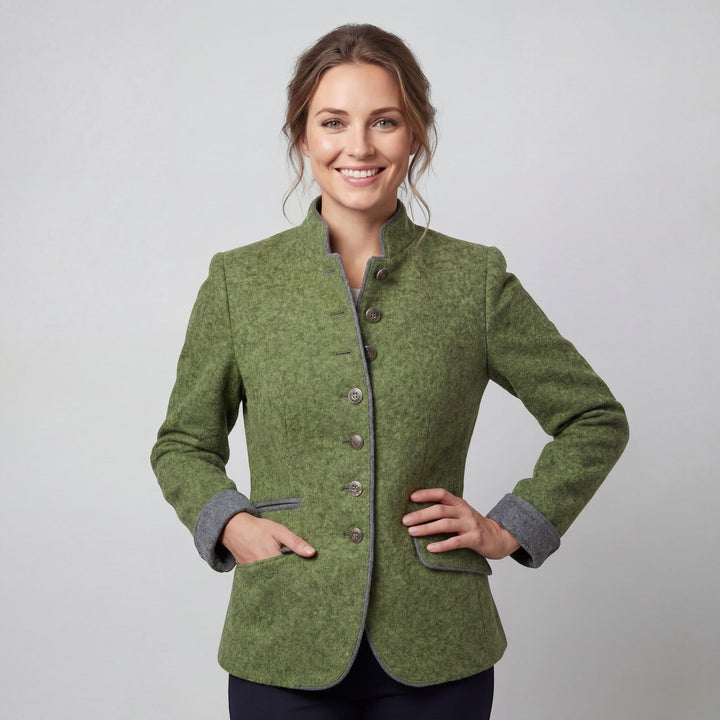 Women's textured button blazer with mandarin collar, contrast trim and patch pockets
