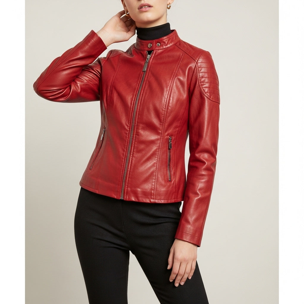 Women's fitted short jacket with mock neckline, long sleeves, front zipper and zipped pockets