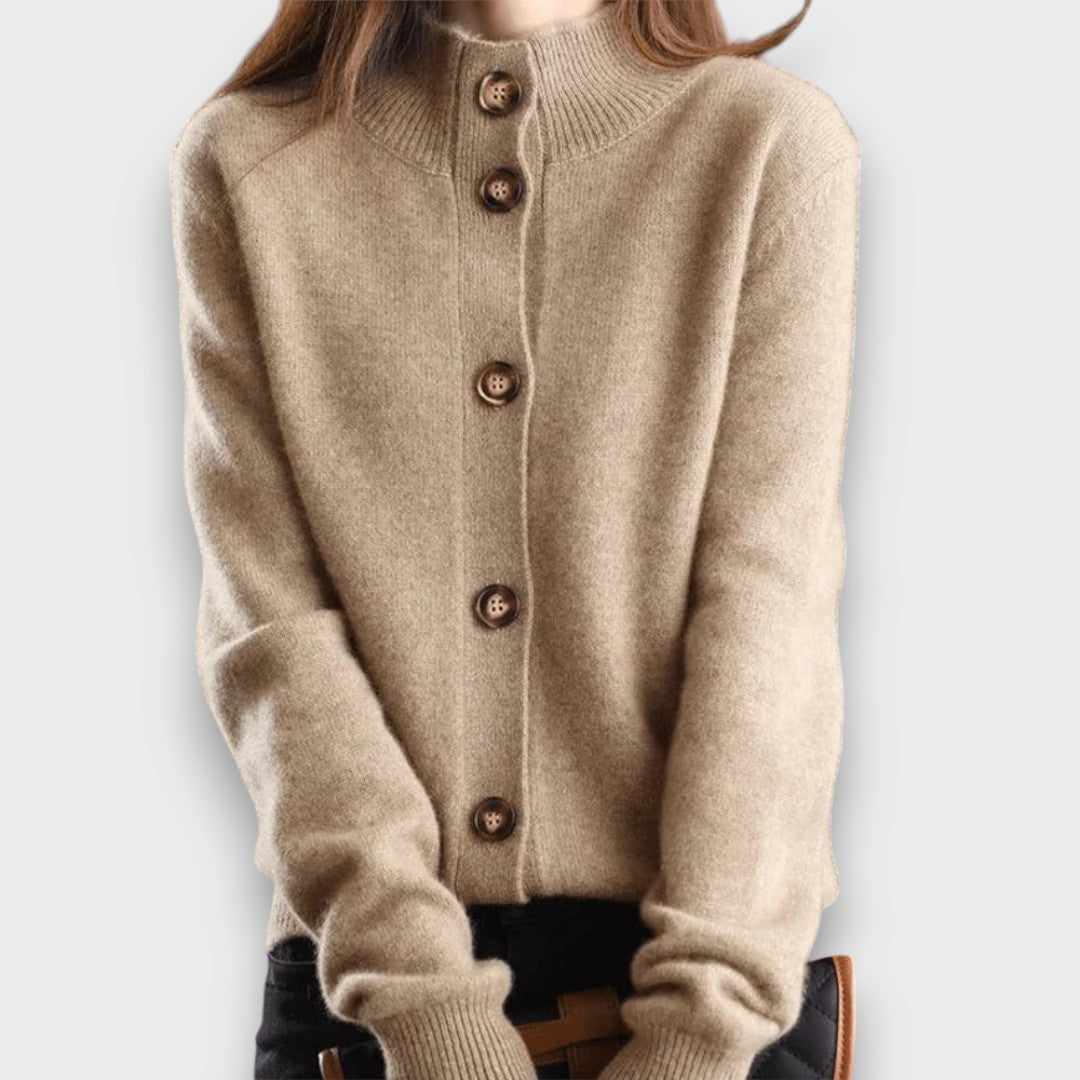 Women's button front cardigan with notched collar and long sleeves
