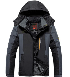 Men's hooded winter coat with contrast panels and zip front