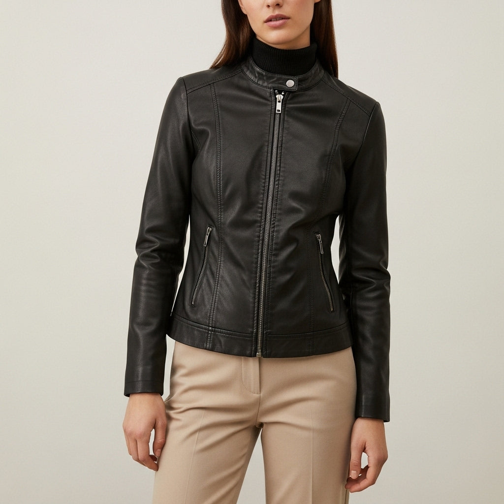 Women's fitted short jacket with mock neckline, long sleeves, front zipper and zipped pockets
