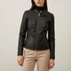 Women's fitted short jacket with mock neckline, long sleeves, front zipper and zipped pockets