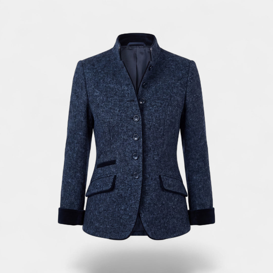 Women's textured button blazer with mandarin collar, contrast trim and patch pockets