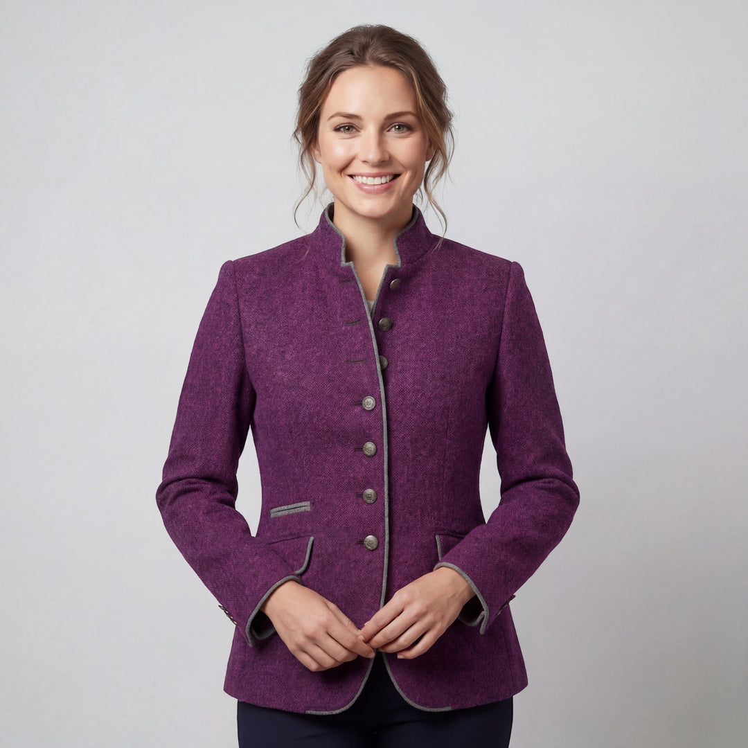 Women's textured button blazer with mandarin collar, contrast trim and patch pockets