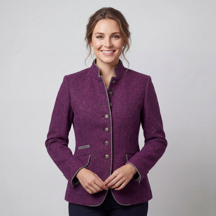 Women's textured button blazer with mandarin collar, contrast trim and patch pockets