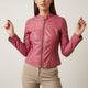 Women's fitted short jacket with mock neckline, long sleeves, front zipper and zipped pockets