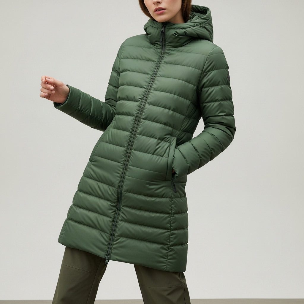 Women's quilted jacket with stand collar, long sleeves and zipped pockets