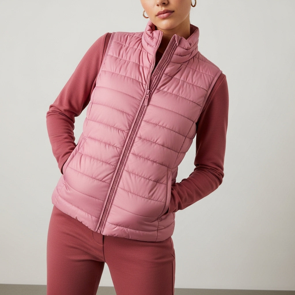 Women's quilted sleeveless puffer vest with stand collar and front zip