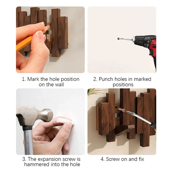 Wall-mounted wooden coat rack with staggered piano-style slats and angled hooks