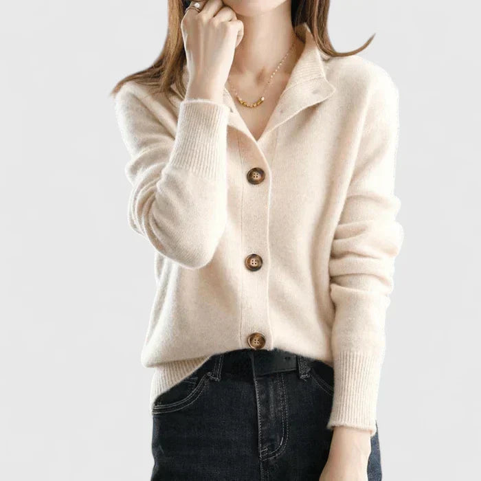 Women's collared button-front cardigan with long sleeves and ribbed trims