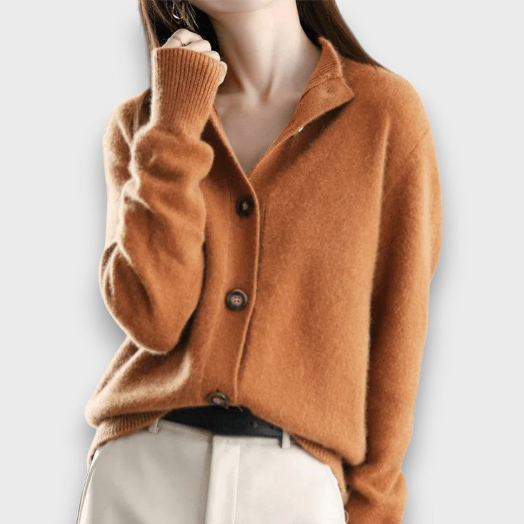 Women's button front cardigan with notched collar and long sleeves