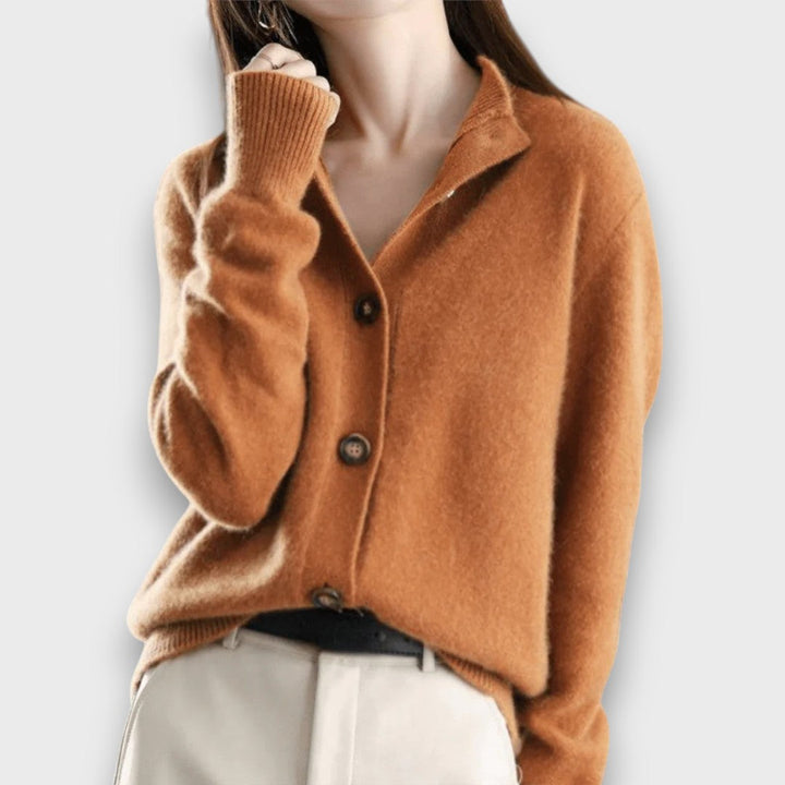 Women's button front cardigan with notched collar and long sleeves
