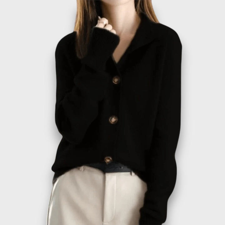 Women's button front cardigan with notched collar and long sleeves