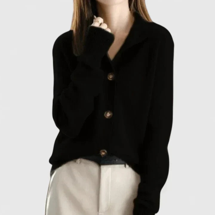 Women's collared knit cardigan with long sleeves and button front