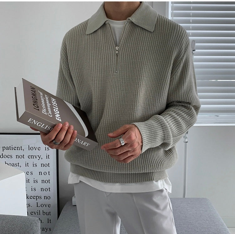Ribbed quarter-zip sweater with collared neckline