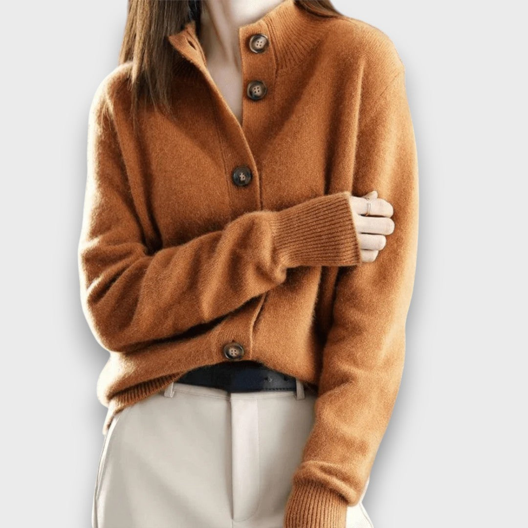 Women's button front cardigan with notched collar and long sleeves