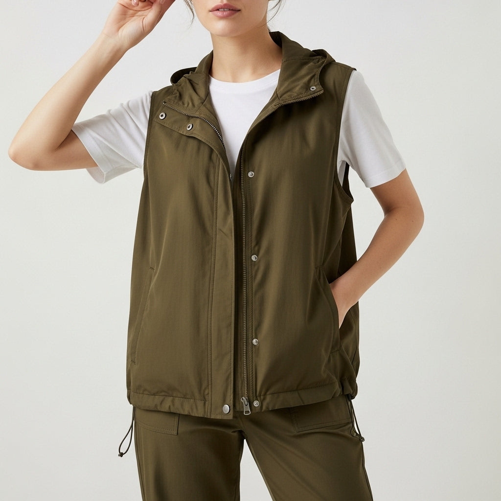 Women's sleeveless hooded utility vest with zip front and side pockets